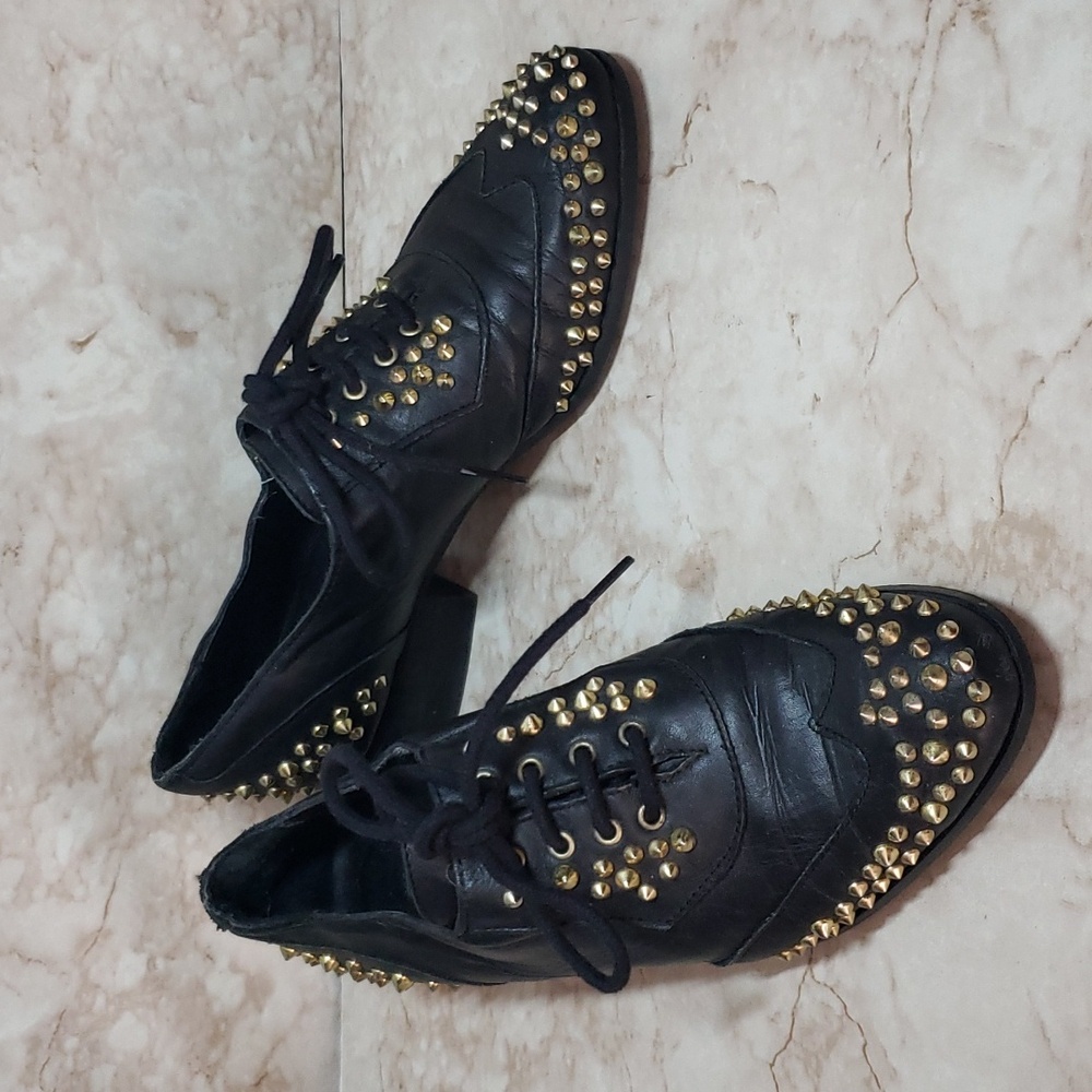 Miista Black Leather Gold Studded Oxfords